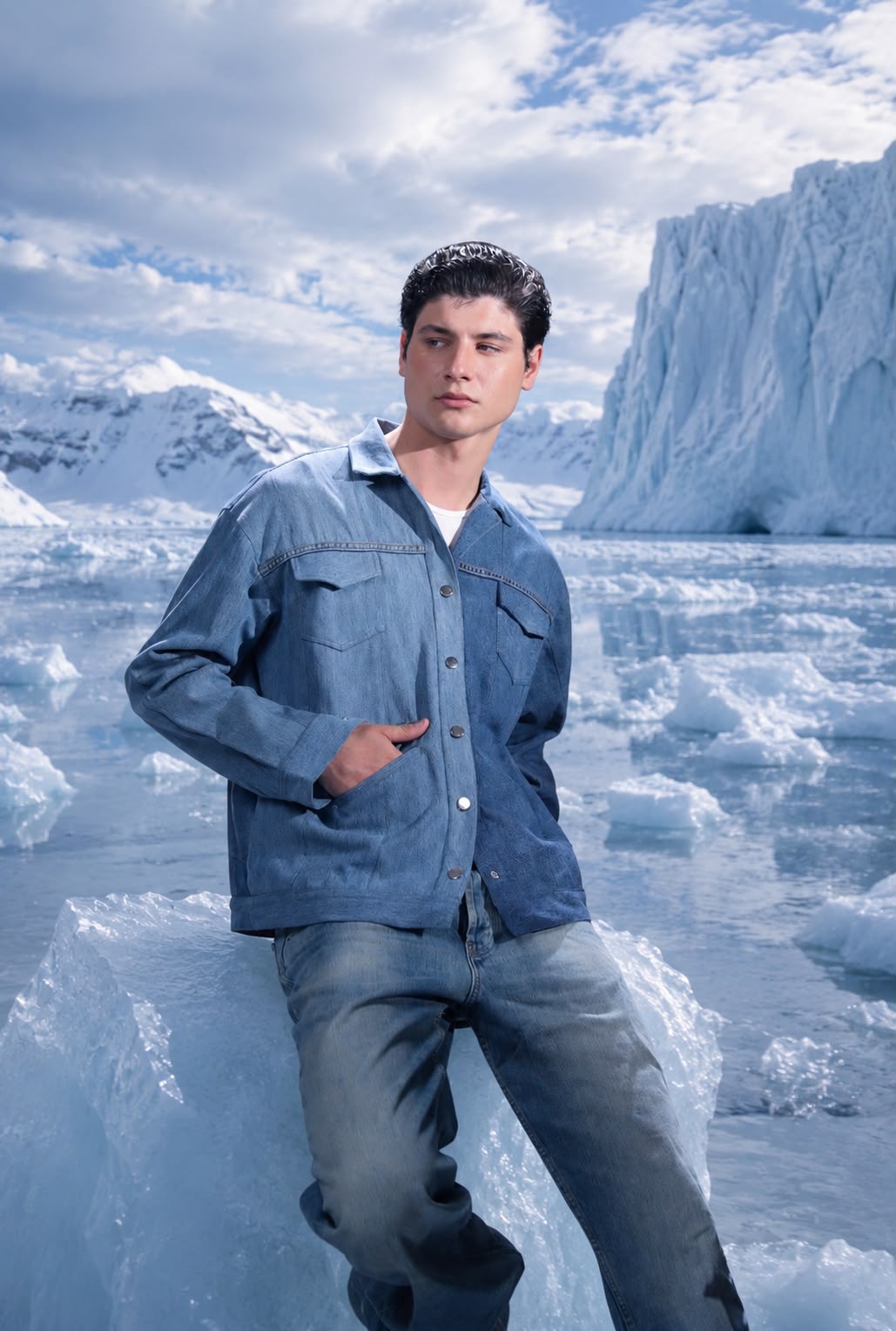 Close-up of Polar Divide Denim Jacket showing glacier patchwork and light dark denim split
