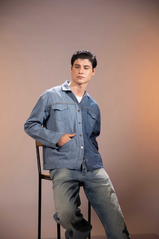Polar Divide Denim Jacket styled with contrasting polar-inspired denim panels