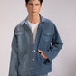 Polar Divide Denim Jacket in repurposed denim with contrasting light and dark washes