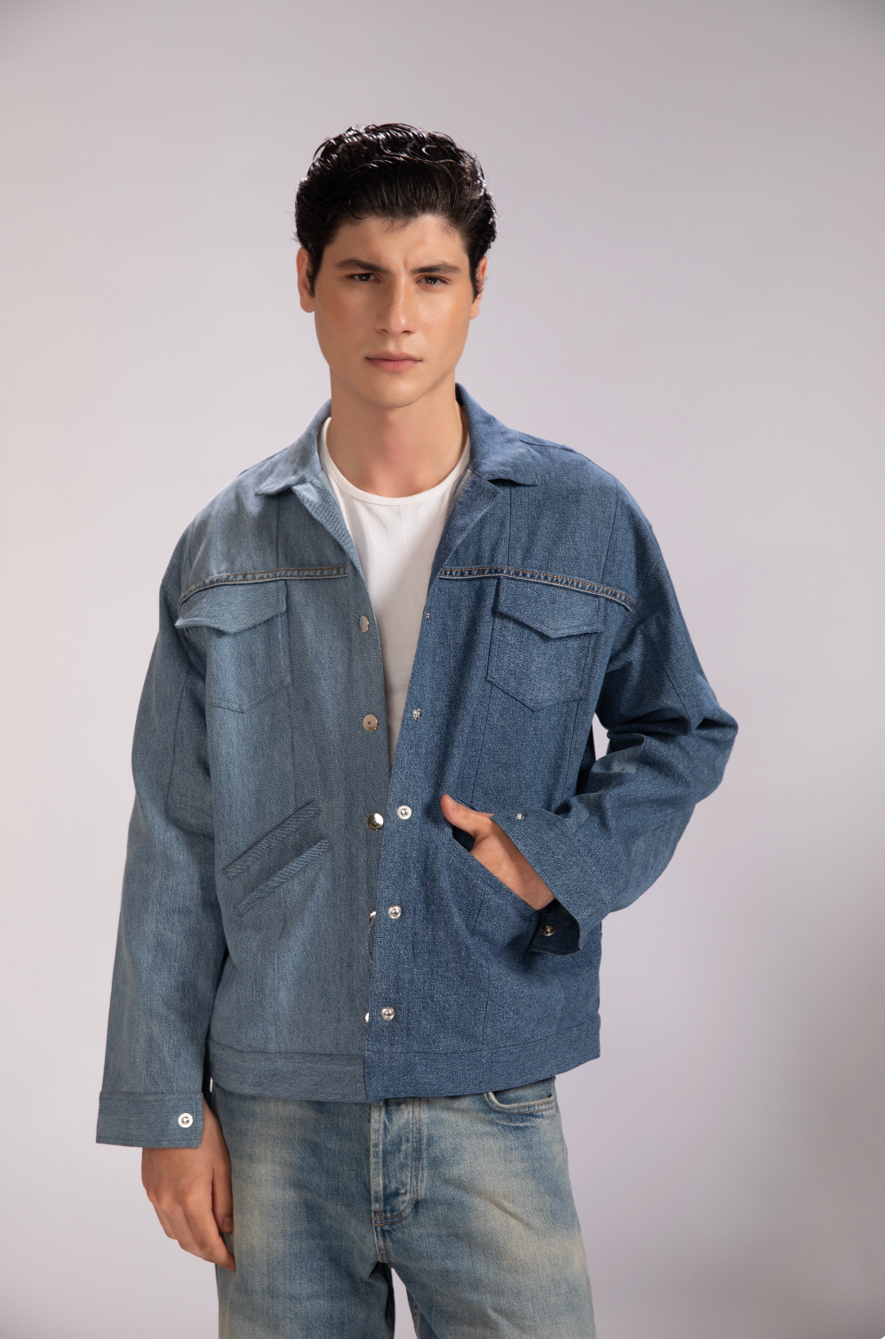 Polar Divide Denim Jacket in repurposed denim with contrasting light and dark washes