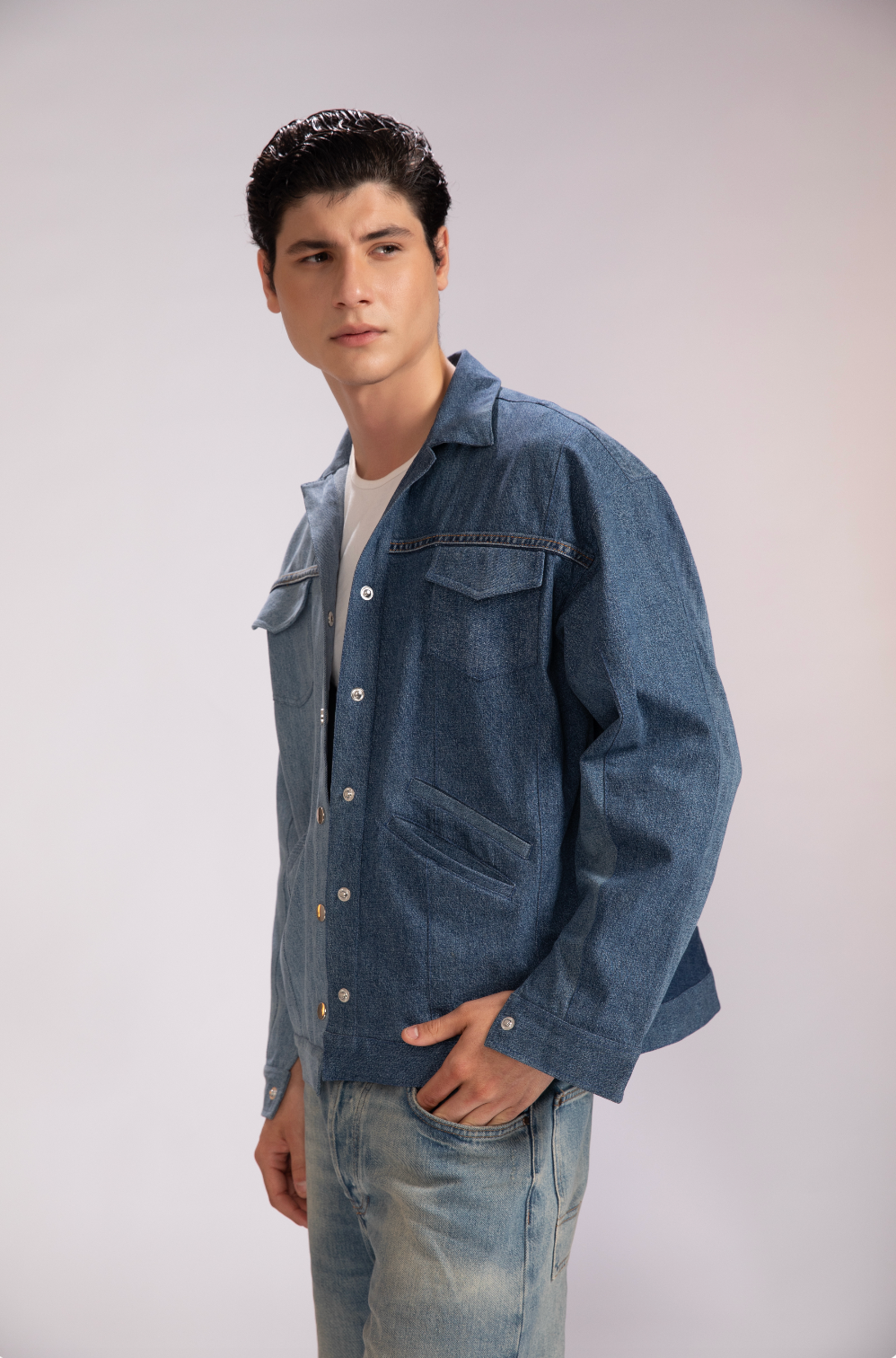 Side view of Polar Divide Denim Jacket in repurposed denim