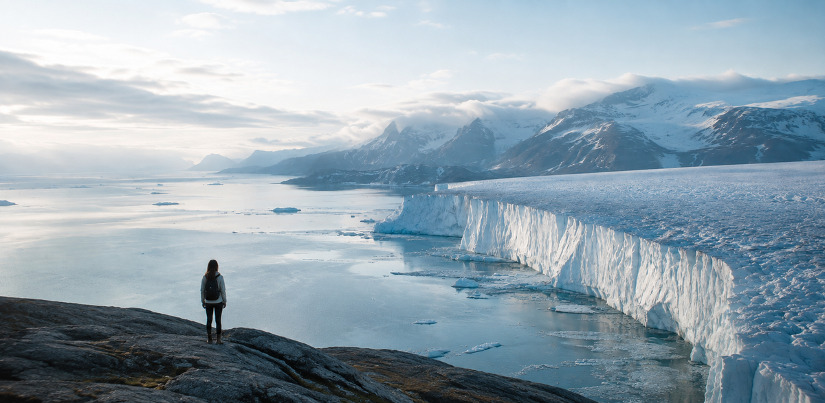 Explorer overlooking a vast polar glacier and icy landscape