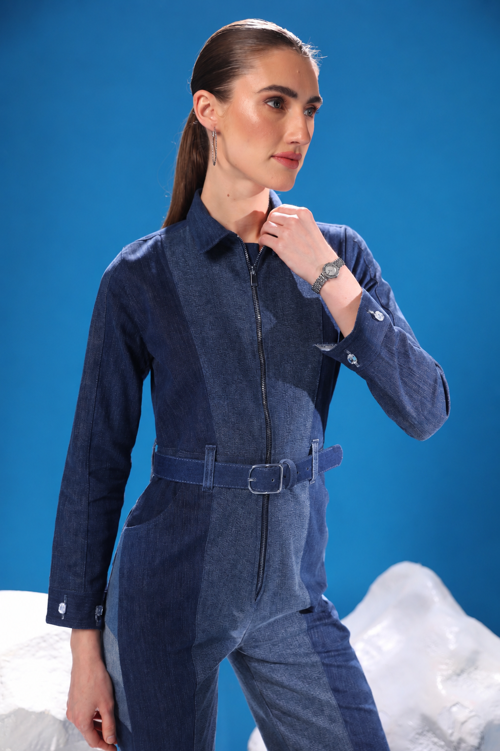 Polar Terrain Denim Jumpsuit showing its structured denim silhouette