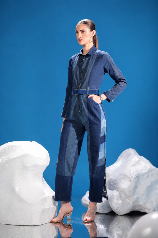 Polar Terrain Denim Jumpsuit styled in repurposed denim