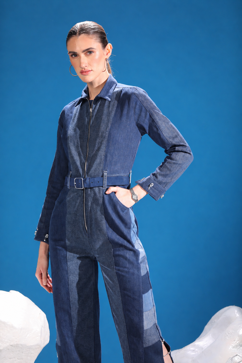 Polar Terrain Denim Jumpsuit in repurposed denim with full sleeves and lapel collar