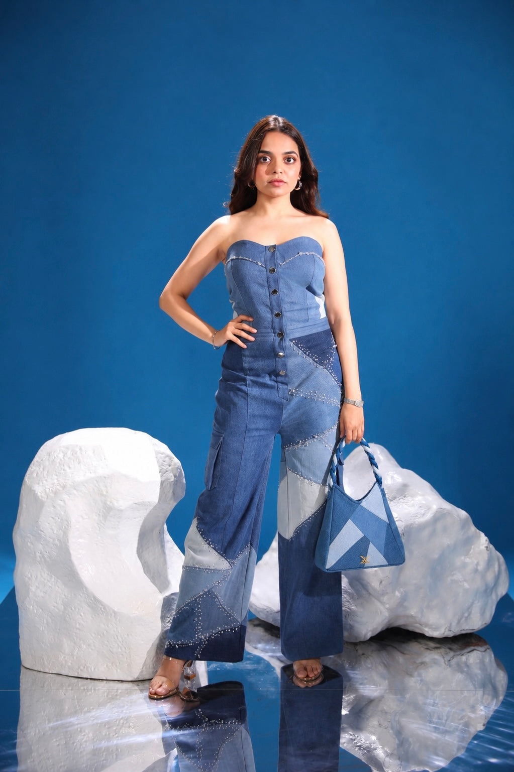 Serac Handbag with sculptural polar-inspired repurposed denim design