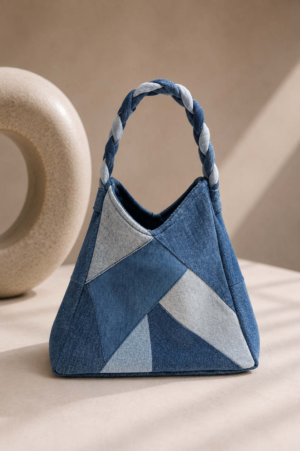 Serac Handbag featuring a structured rolled denim top handle