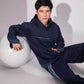 Shared World Hoodie showing contrasting repurposed denim hem detailing