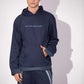 Shared World Hoodie in deep ocean blue with polar landscape artwork and denim detail