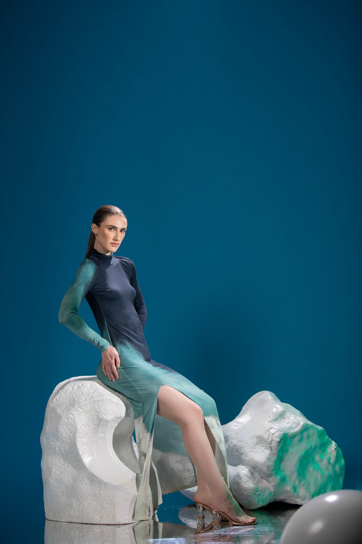 Close-up of Tri Tone Polar Dress showing its reactive polar print