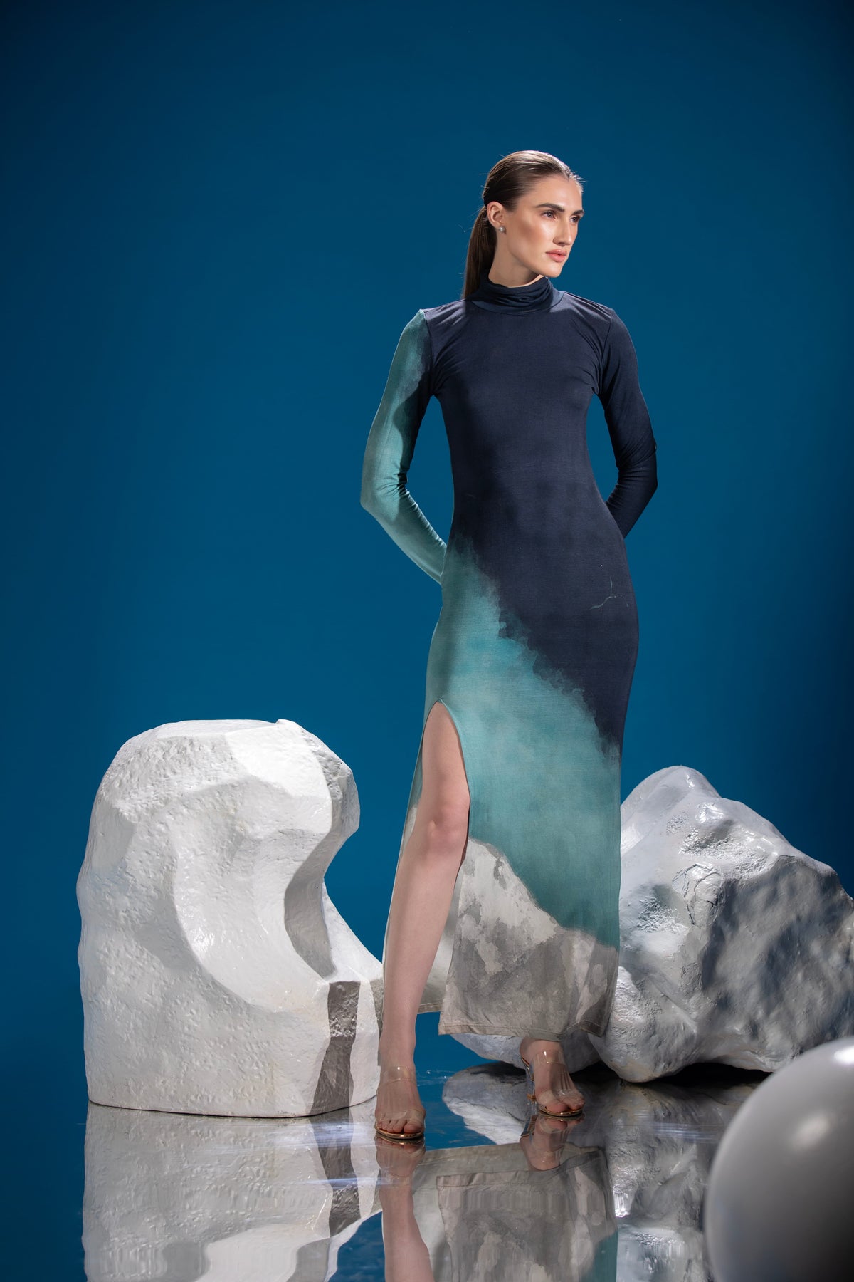Tri Tone Polar Dress with reactive polar-inspired print