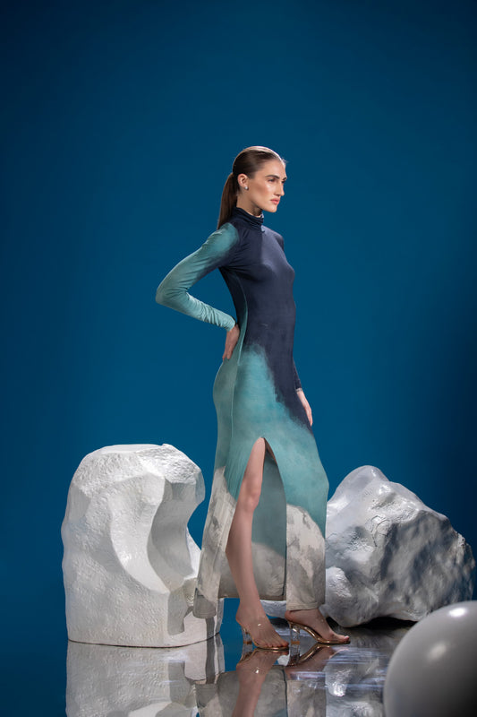 Side view of Tri Tone Polar Dress showing its sculpted silhouette